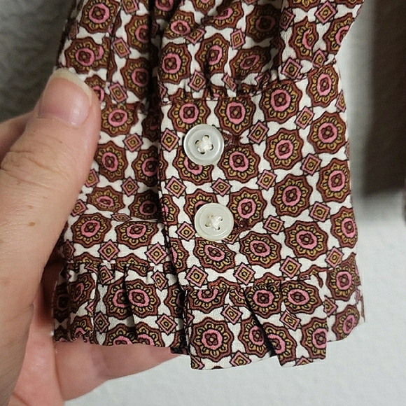 LOFT Foulard Pleated Sleeve Blouse Brown Medallion 60s 70s Hippy Retro Bohemian - Picture 7 of 12